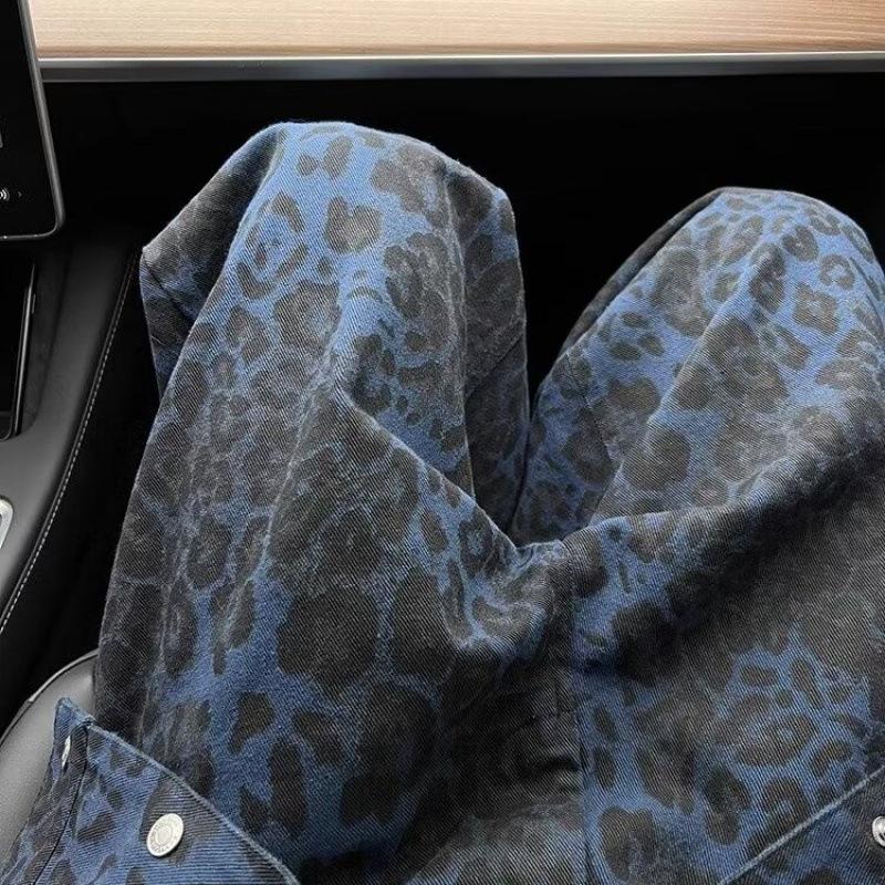 Damen Jeans 2024 Frühling Retro Leopardenmuster Weites Bein