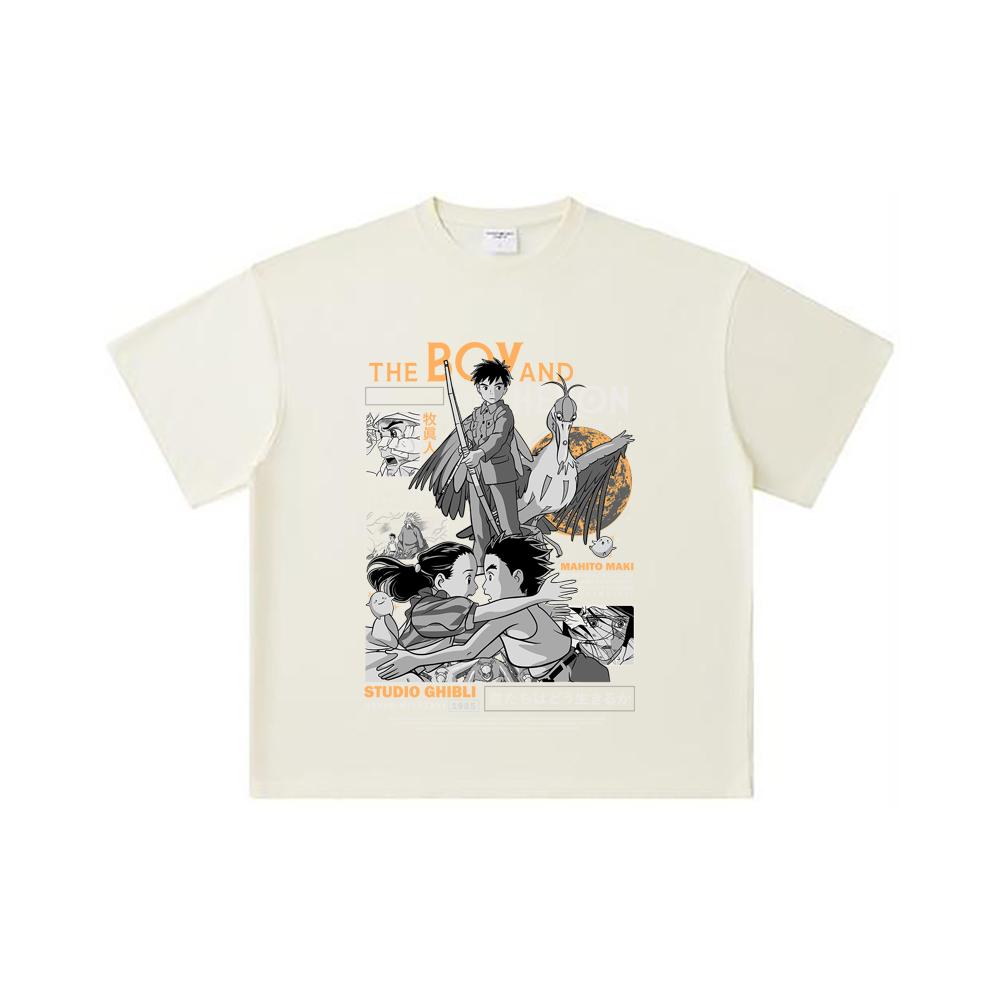 260 GSM Double Yarn 32 Count 100% Cotton Ghibli V3 The Boy The Heron Print Unisex Heavy Cotton T Shirt S