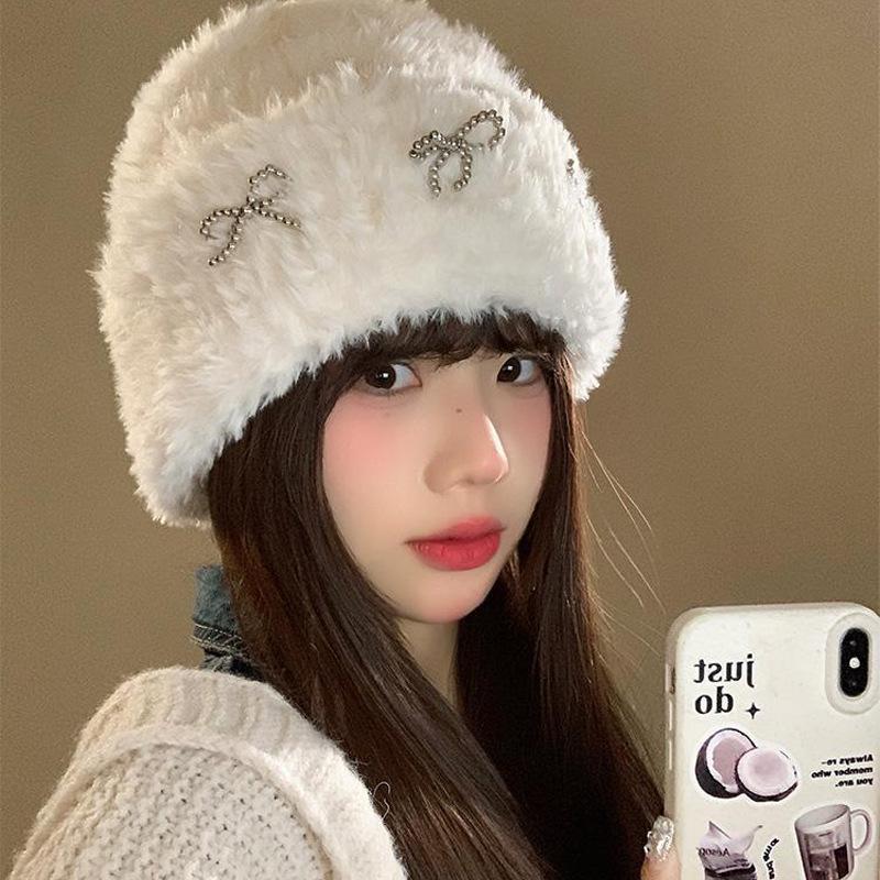 Autumn and Winter Pearl Bow Breast Plush Hat Korean Bag Head Curled Cold Hat Couple Playful Knit Hat
