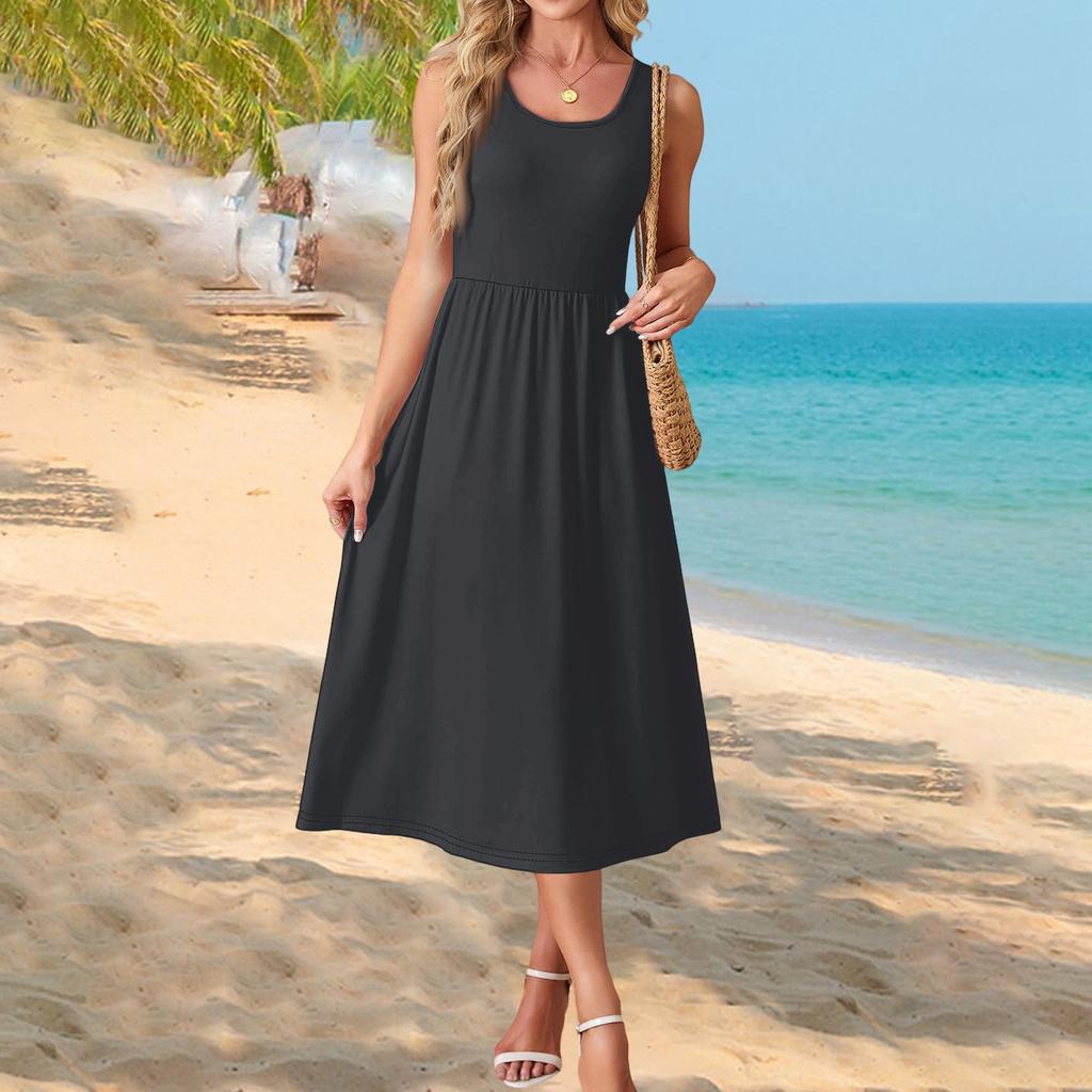 Sleeveless Crew Neck Maxi Dress with Pockets for Women Casual Loose Fit Solid A Line Long Sundress