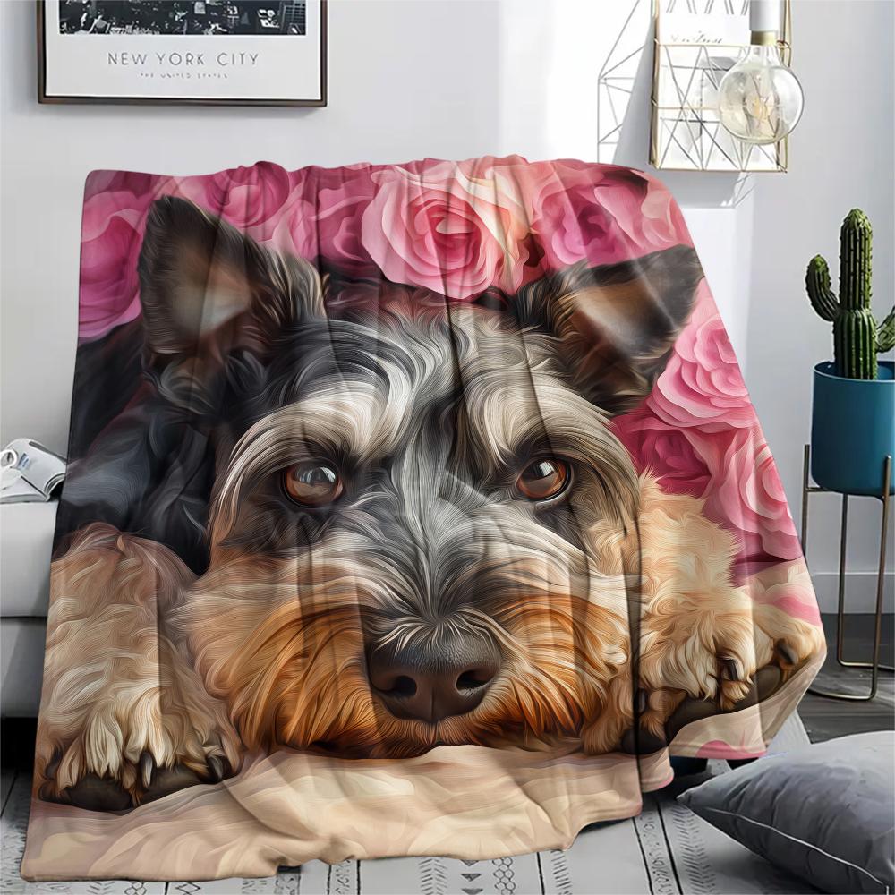 Schnauzer and Roses,pattern Flannel Blanket, High Quality Comfortable for All Seasons, Home Decor, Warmth and Comfort, Perfect for Gifts.