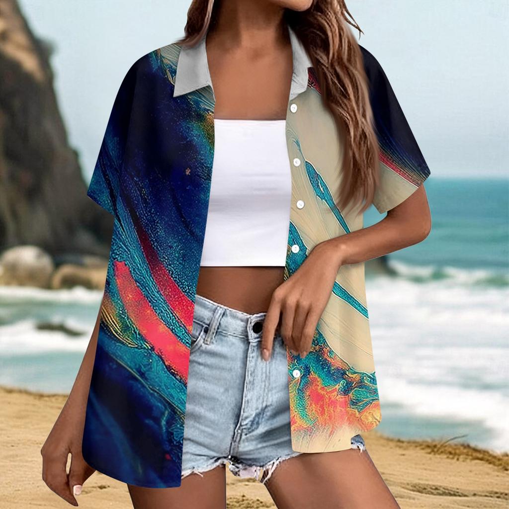 Women's Casual Summer Beach Shirt Short Sleeve Textured Print Button Down Shirt Lightweight Loose Fit Blouse for Outdoor Wear