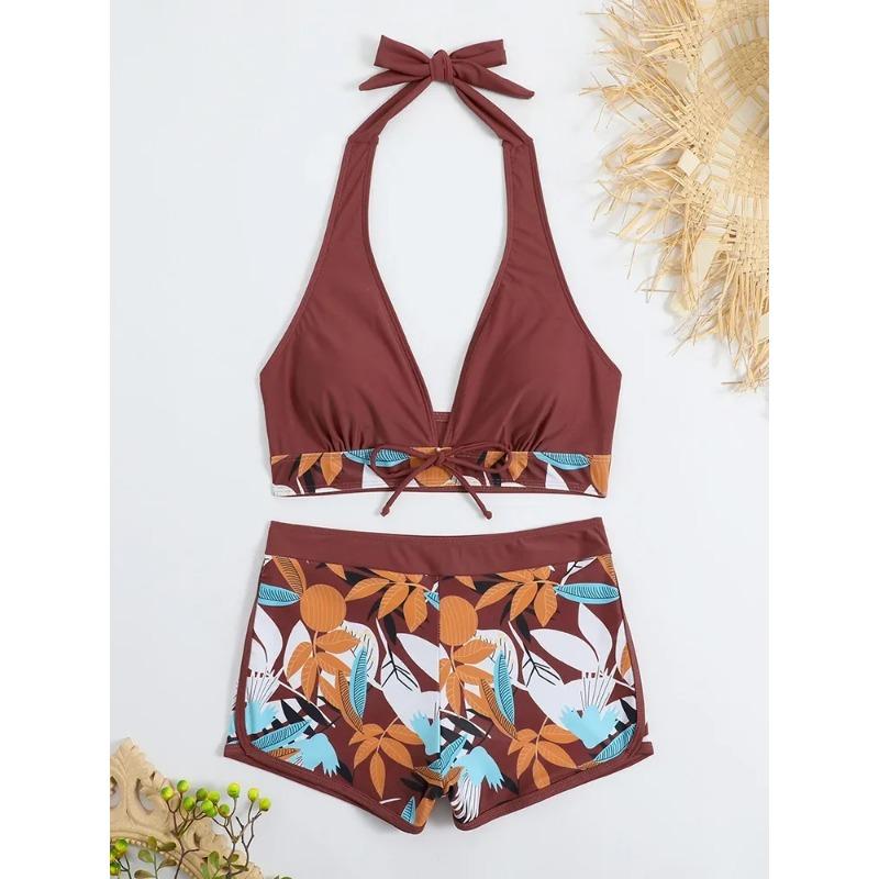 Fashion Printed Swimsuit Women Spliced Lace Up Sporty Surfing Bikini Set Bathing Suit Beachwear Swimwear Female Swimming Suits