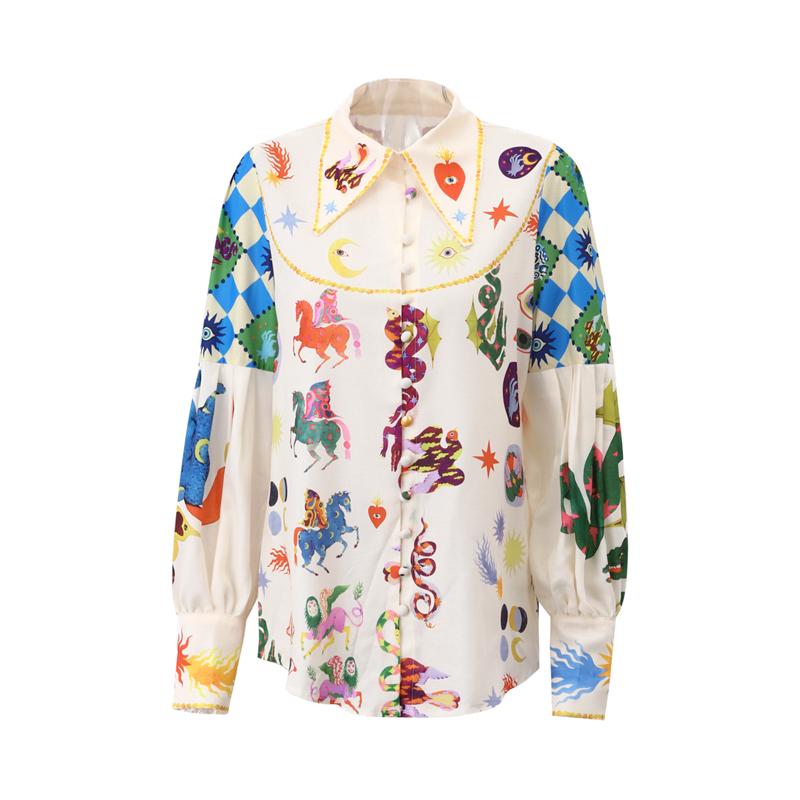 Casual Women's Print Shirt Lantern Sleeve Turn-down Collar Female Shirts 2023 Fashion Cartoon Lady Top Street Print Temperamental Shirt Women