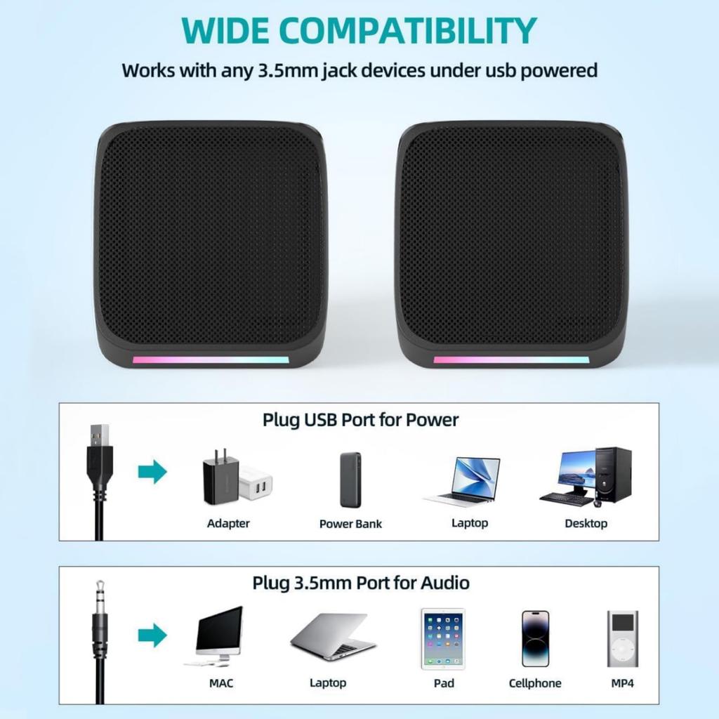 1 Pair of Portable Mini Speakers for Desktops and USB Compact PC Speakers with 3D Surround Sound Laptops, Powered,