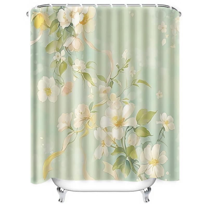 Elegant Floral Shower Curtain White Yellow Blossoms Green Leaves Bathroom Decor Waterproof Mildew Resistant Easy To Clean