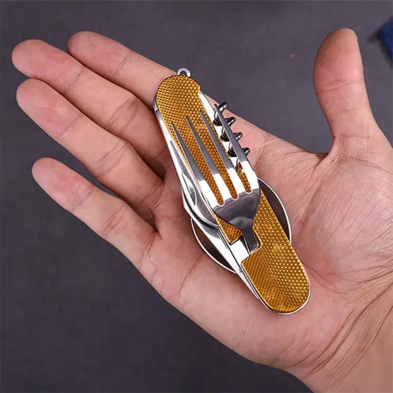 Foldable Camping Tableware Knife Spoon Fork 4-In-1 Tablespoon Stainless Steel Bottle Opener Outdoor Camping Knife Folding Knife