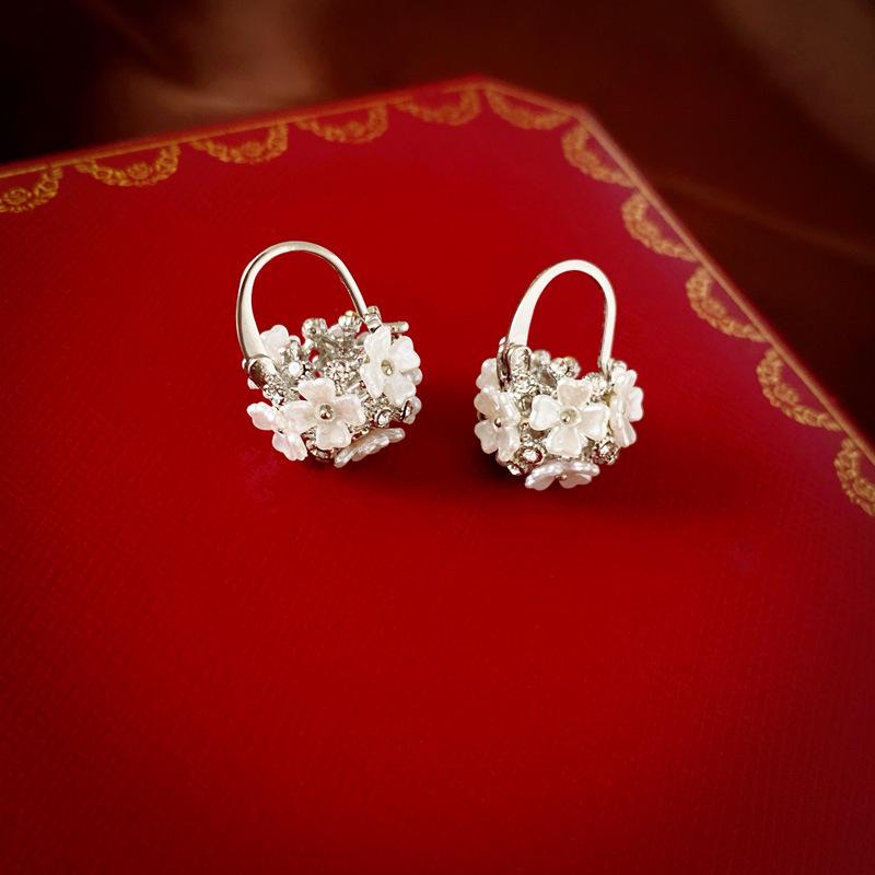 Korean Mori Style Rhinestone Flower Ear Cuffs: Luxurious Round Ball Earrings