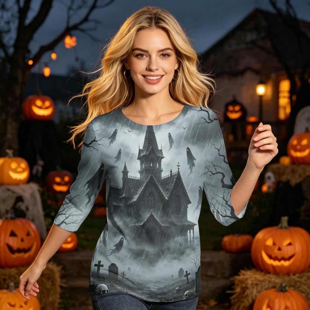 Women's Halloween Print Casual Round Neck -Quarter Sleeve for Holiday Party