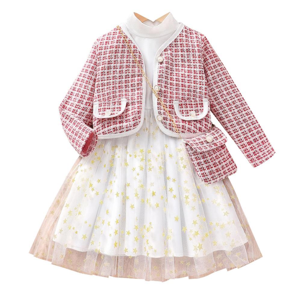 2-7Y Long-Sleeved Dress New Style Girls' Long-Sleeved Tiered Dress Christmas Dress with Bag
