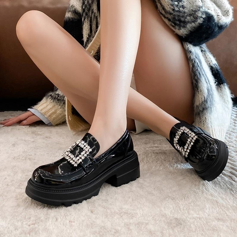 Sheepskin version~ platform loafers women's British style thick heel square buckle rhinestone small leather shoes French retro leather single shoes