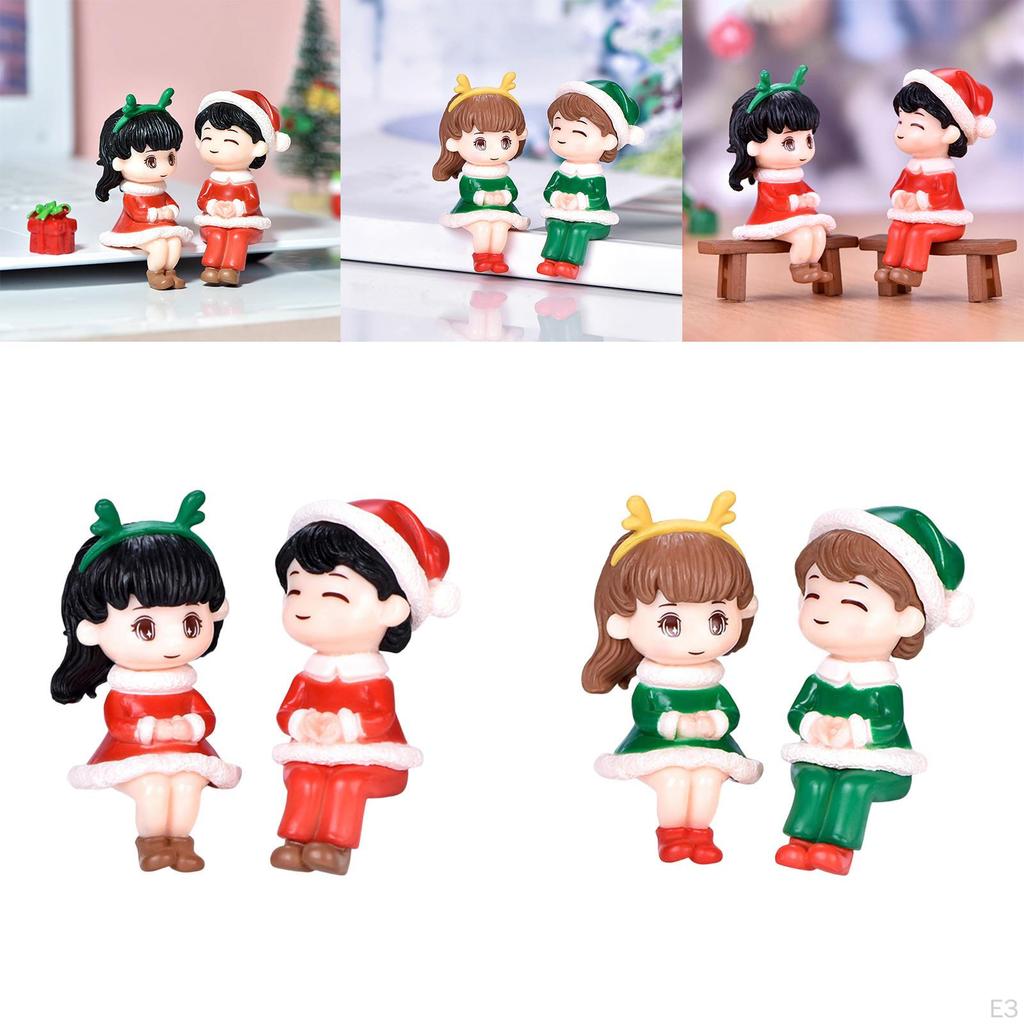 2pcs Cute Christmas Couple Figurines Sculpture Bonsai Decoration Ornament DIY Small Toy for Home