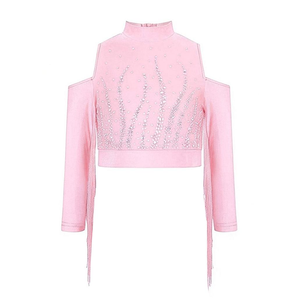 Girls Latin Dance Tops Tassels Long Sleeves Back Invisible Zipper Shiny Rhinestones Crop Top