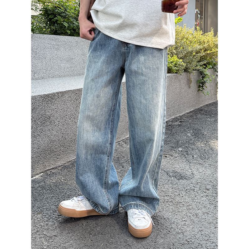Washed old blue straight loose jeans autumn men's and women's new long pants casual versatile simple