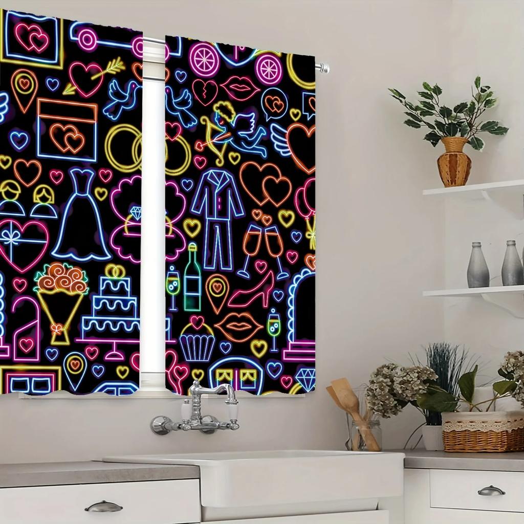Colorful Heart Lip Printing Curtain Rod Pocket Window Treatment for Bedroom Office Kitchen Living Room Study Home Decor 2pcs