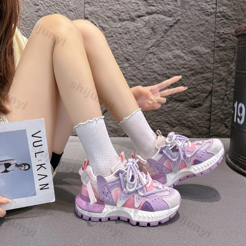 Damen klobige Sneaker Frühling Neu Atmungsaktives Mesh Mode Color Blocking Designerschuhe Trendig Vielseitig Freizeit Sportschuhe