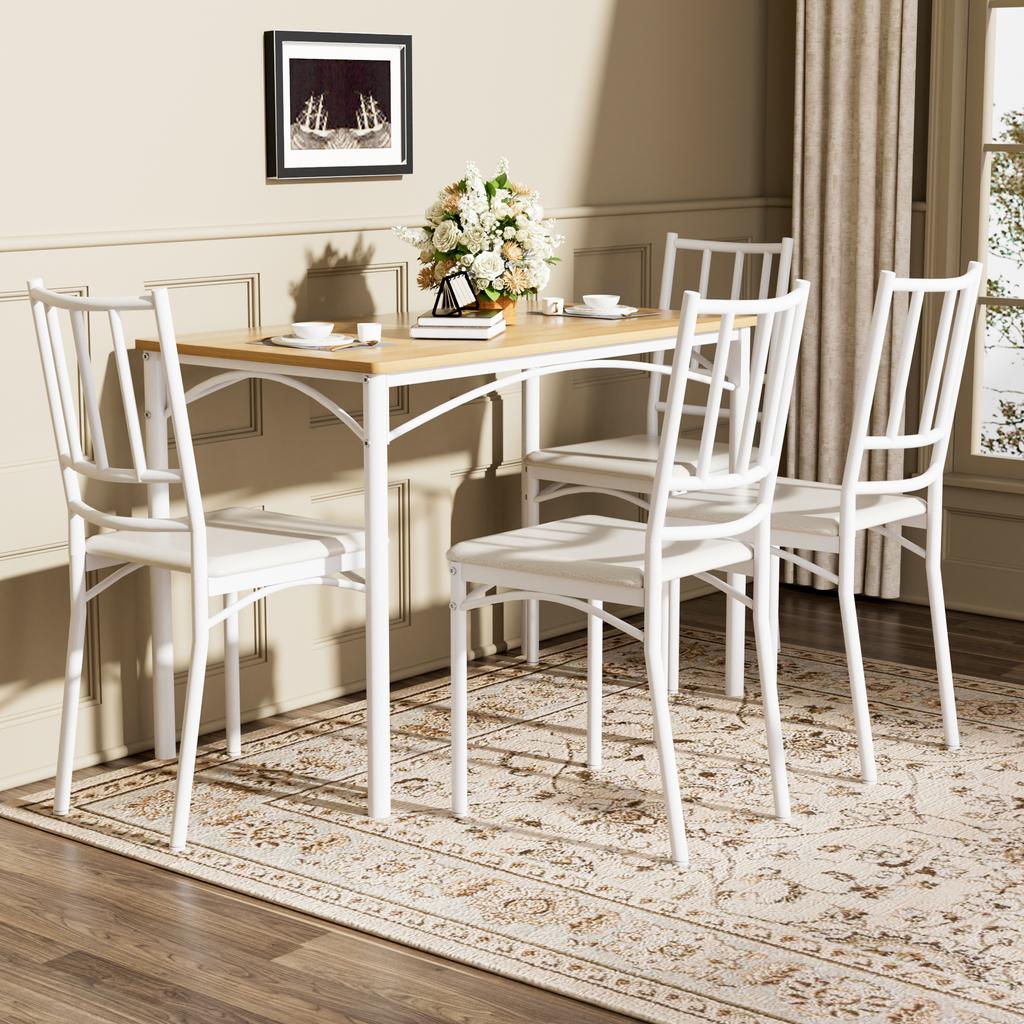 Dining table set, bar table with 4 dining chairs, industrial breakfast table for kitchen, living room, natural color and white, 110cm*60cm*76.5cm
