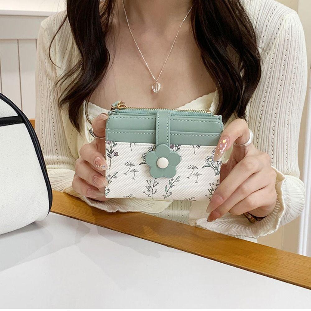 Print Flower Short Wallet Korean Style Folding Card Bag Retro PU Leather Card Holder  Outdoor