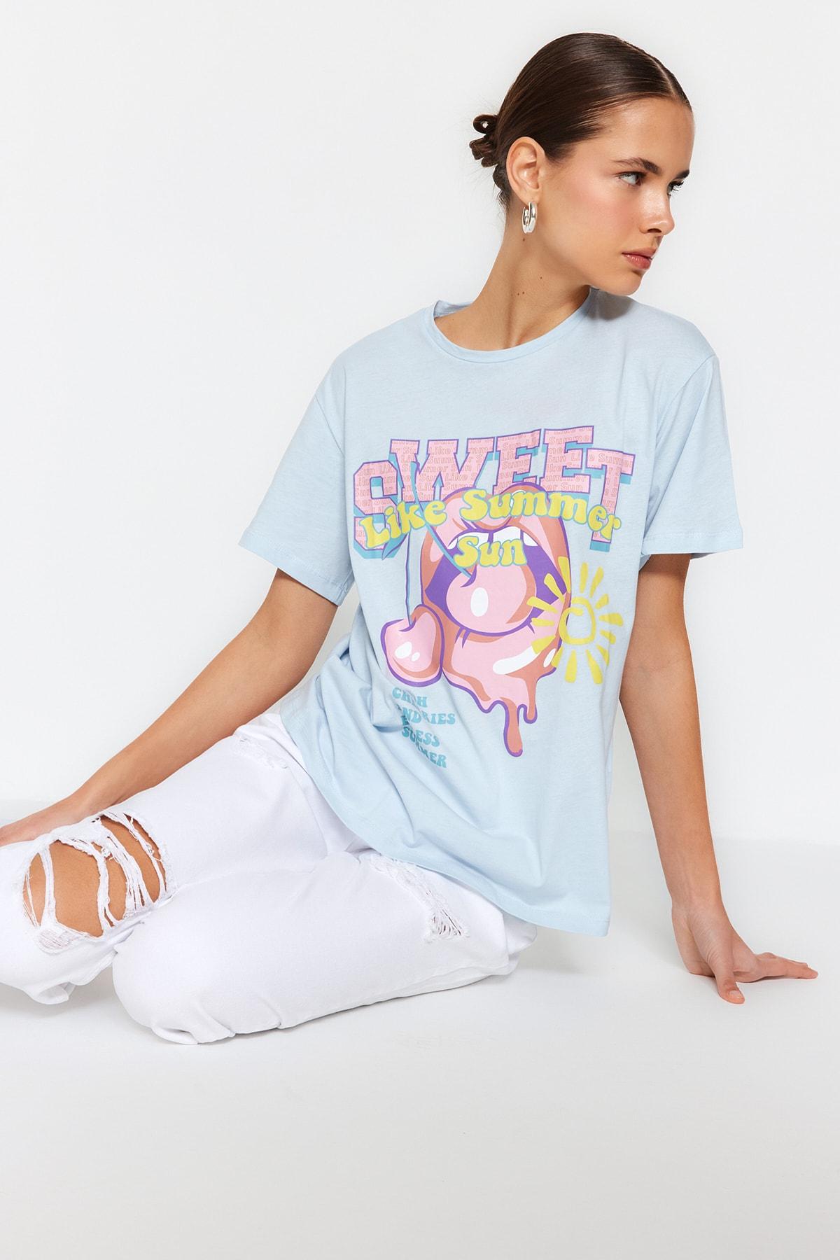 

Синяя трикотажная футболка-бойфренд..