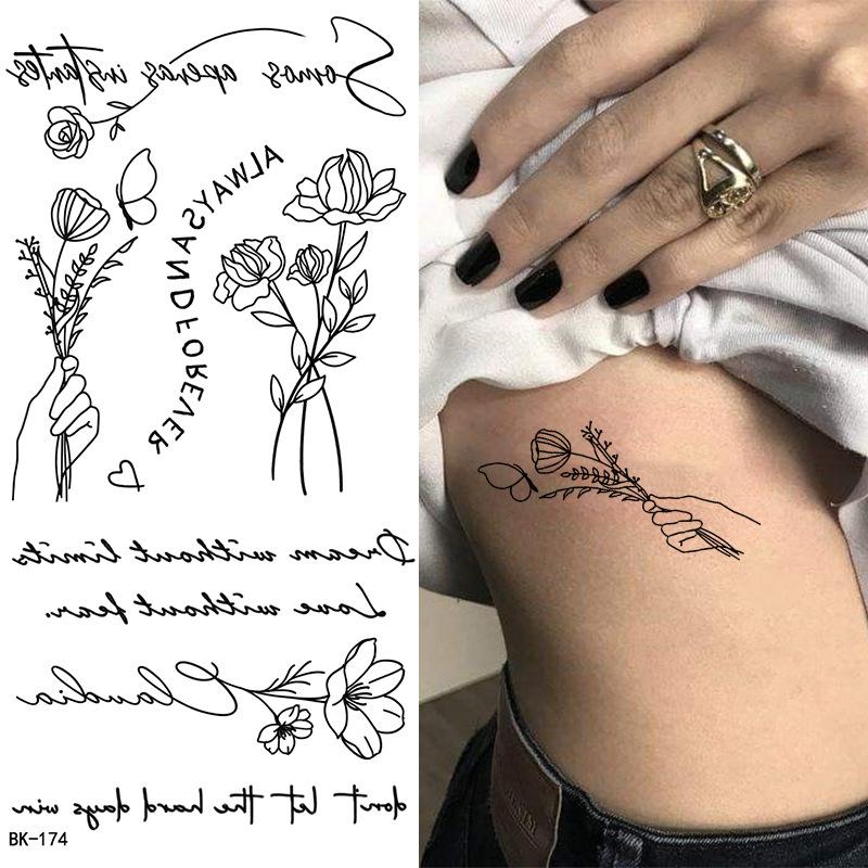 Tattoo Sticker, Plain Flower English, Letter Flower Butterfly Line Transfer Sticker Tattoo