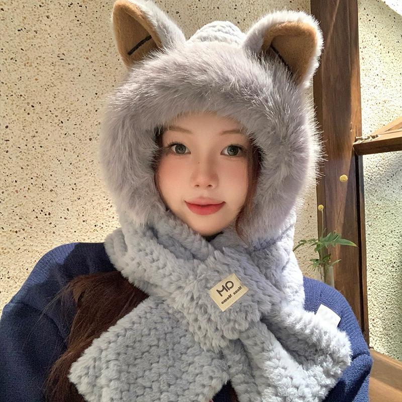 WTEMPO Autumn Winter Cute Plush Hats Women Solid Color Warm Ear Protection Hats Casual Versatile Outdoor Scarf Hats