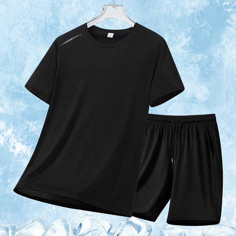 Ice Silk Men s Casual Sports Suit Cool Loose Two-piece Set Breathable Quick Drying T-shirt Shorts Men 5XL