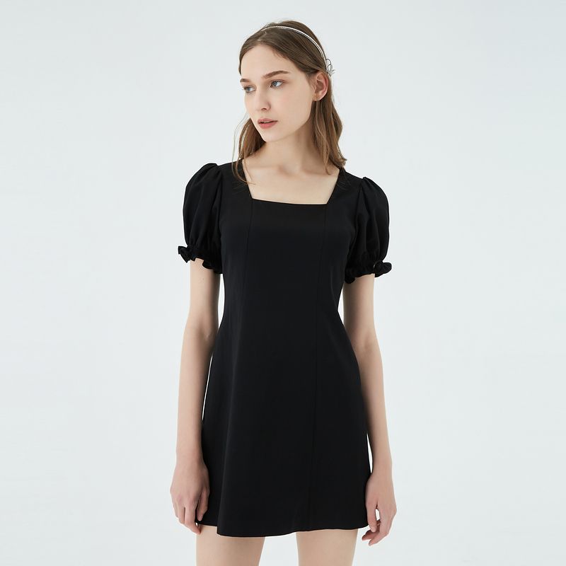 

Obeg Fashion Puff Sleeve Gold Style Short Dress Black 155/XS/34