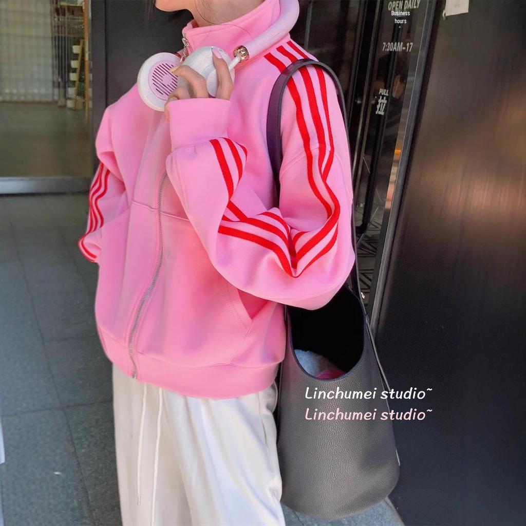 Women's Petite Pink Stand-up Collar Baseball Jacket - Sporty, Casual, for Spring and Autumn