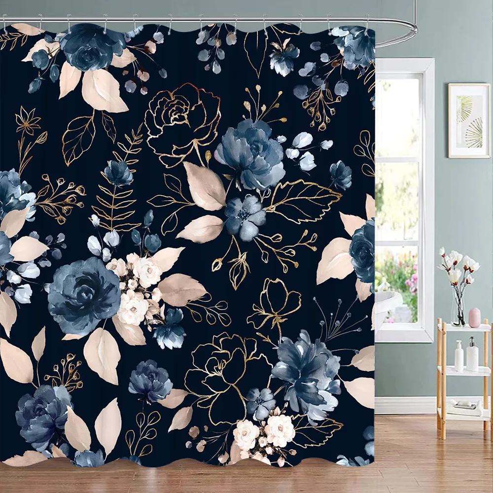 Botanical Flower Shower Curtain Tropical Leaves Fresh Flowers Polyester Fabric Washable Shower Curtain Bathroom Decor With Hooks