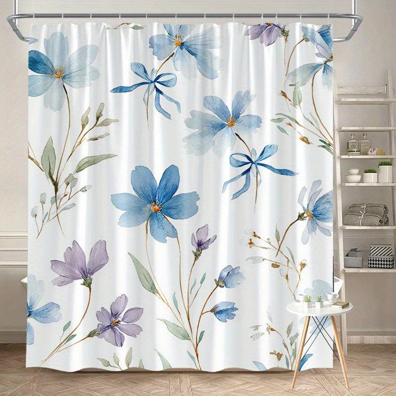 

1 Piece Blue And Purple Wildflower Shower Curtain - Polyester Fabric, Machine Washable, With Hooks, Perfect For The Bathroom W60H190(CM)-1 Pcs