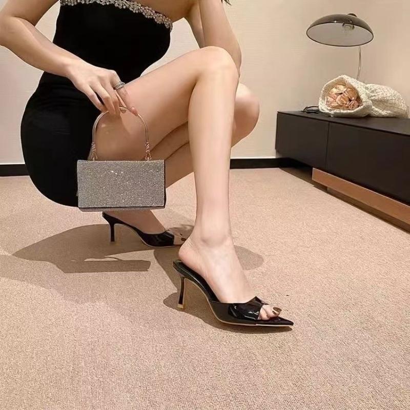 

Модные шлепанцы женские 2025 лето лакированная кожа высокие каблуки женские тонкие каблуки острый носок открытый носок ношение шлепанцев на одной линии 35 чёрный