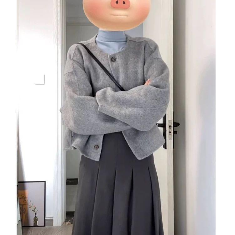 Women's Petite Gray Wool Coat - Hepburn Style for 2025 Autumn/Winter