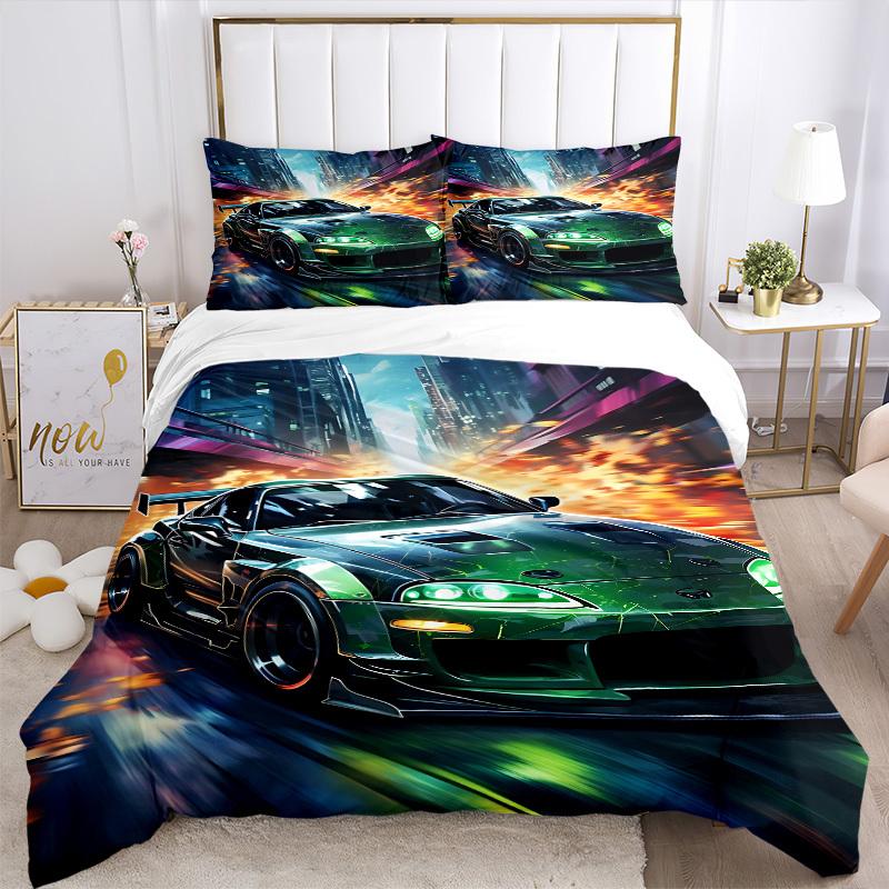 3pcs Green Sports Car Cover Set, 1 Cover + 2 Pillowcases (No Insert), Bedding for All Seasons, Bedding,Bedroom Decor Yy250922071