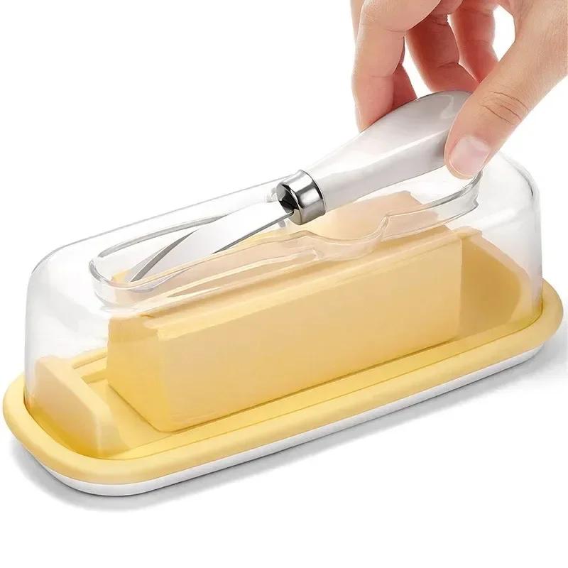 Plastic Butter Storage Box with Lid and Knife Fresh Keeping Cheese Container Kitchen Tool Butter Dish