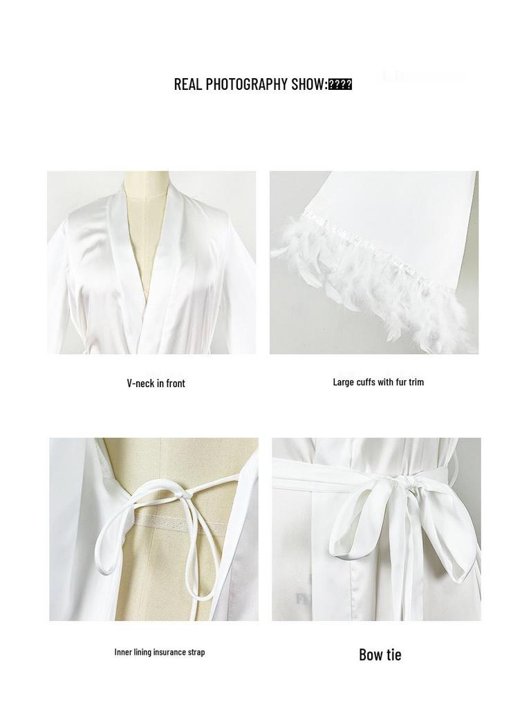 Elegant Satin Feather Sleeve Multi-color V-neck Tie-up Pajama Robe 942