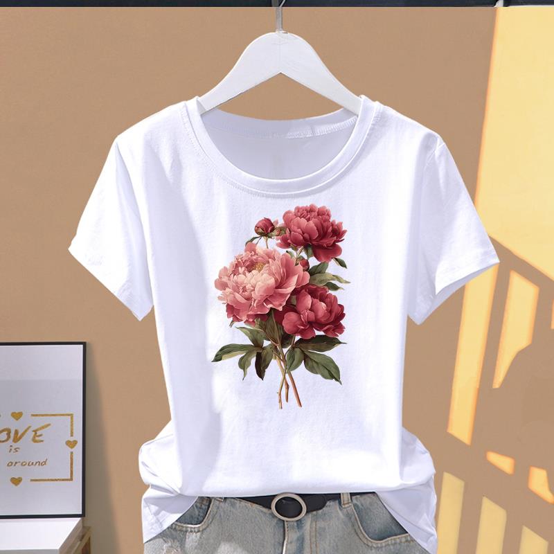 (Asian Size) lovely flower butterfly 90s Short Sleeve T-shirts Print O-neck Fashion Female Casual Women's Top T Clothing Graphic Tee