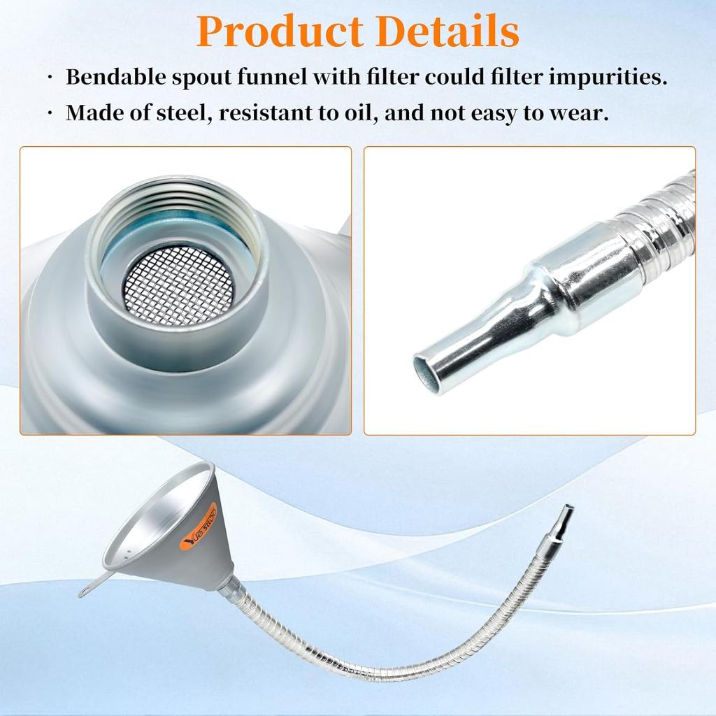 24.4" Steel Bendable Spout Funnel With Filter For All Automotive Oils, Metal Flexible Long Funnels For Automotive Use For Transmission Fluid, Diesel