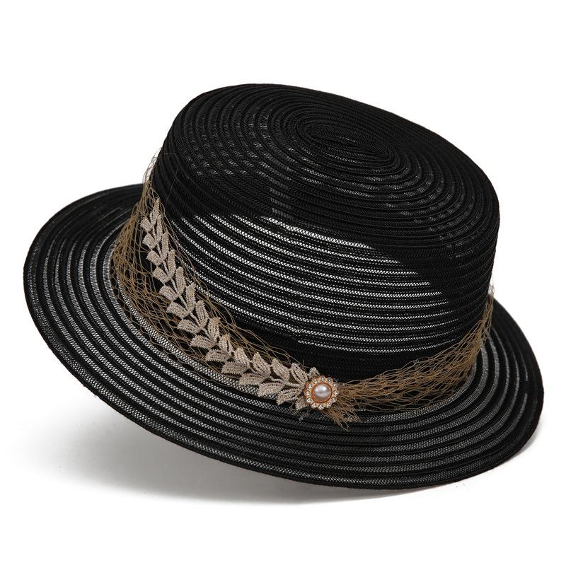 

2025 Simple High-End Summer Mesh Top Hat Women S French Retro Hepburn Style Flat Top Sun Protection Hat M（56-58cm） чорний