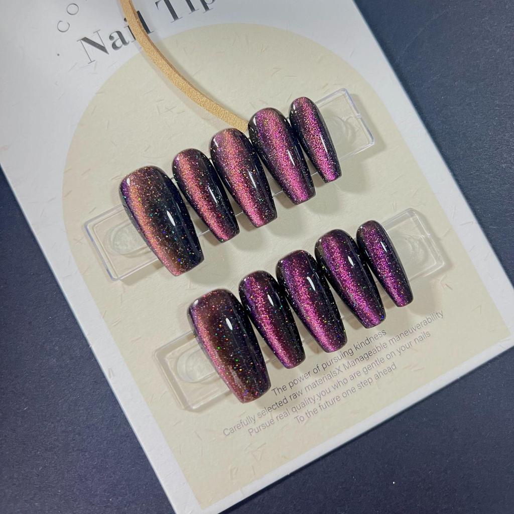 Handcrafted Aurora Starry Sky Cat-Eye Nails: European & American Style, Long, Elegant, with Whitening Light Therapy Effect.