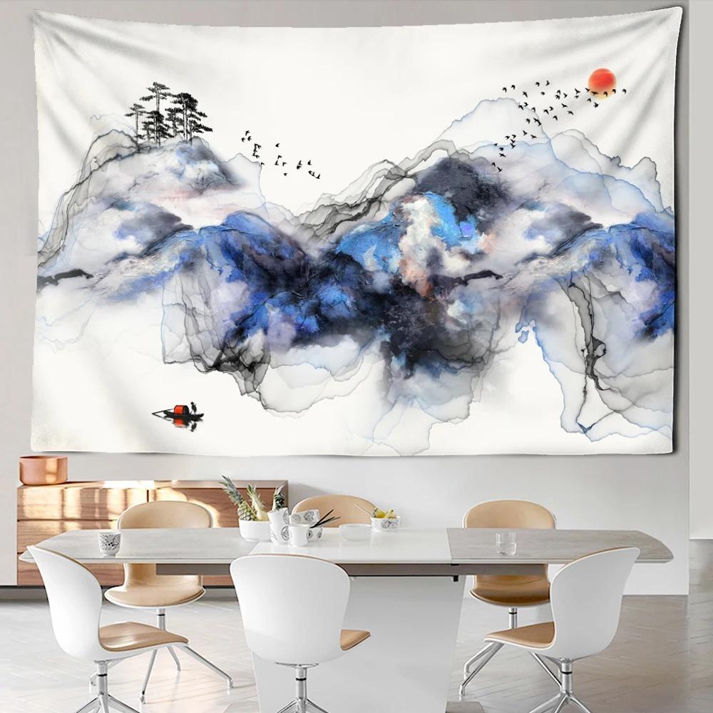 Line ink mountain view tapestry bohemian style background cloth beautiful home decoration room dormitory bedside hanging cloth