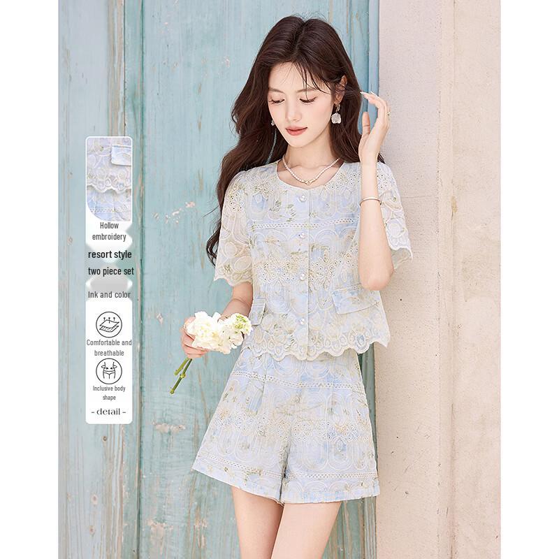 Sequin Embroidered Hollow-Out Women s Summer Set S