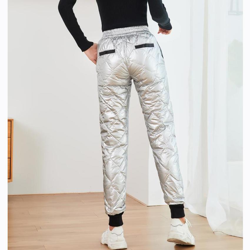 Zimowe ciepłe grube damskie spodnie puchowe na co dzień z wysokim stanem Błyszczący diamentowy patchworkowy guzik Harem spodnie na długie spodnie