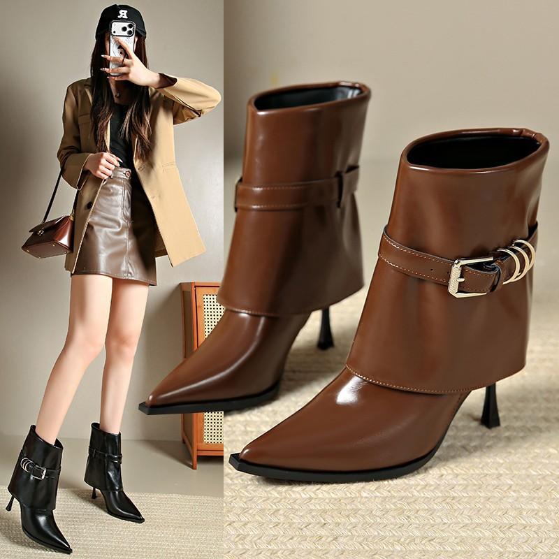 Trend metal buckle pointed heel fashion boots 0000 autumn and winter new short boots large size high heel trousers boots women