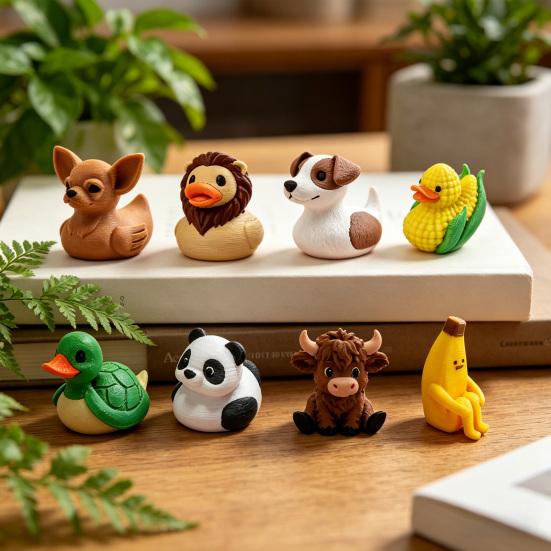 Small Duck Figurine 3D Printed Cute Turtle/Panda/Dog/Banana Duck Statue for Home Office Desk Shelf Decor