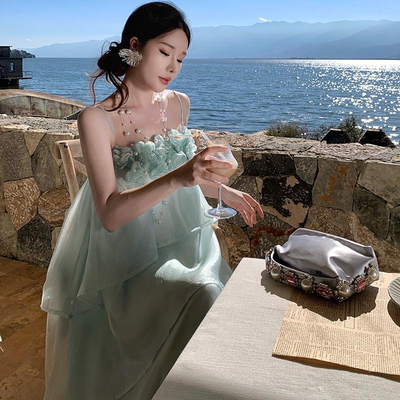Vestito a bretelline Vacanza Francese Vestito a torta Estivo da fata Monospalla Vestito a strascico Vacanza al mare
