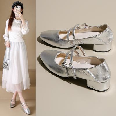 Coarse Heel Silver Mary Jane Shoes Light Mouth Spring 2025 New One-word Strap with Skirt Temperament Single Shoes Women's Shoes