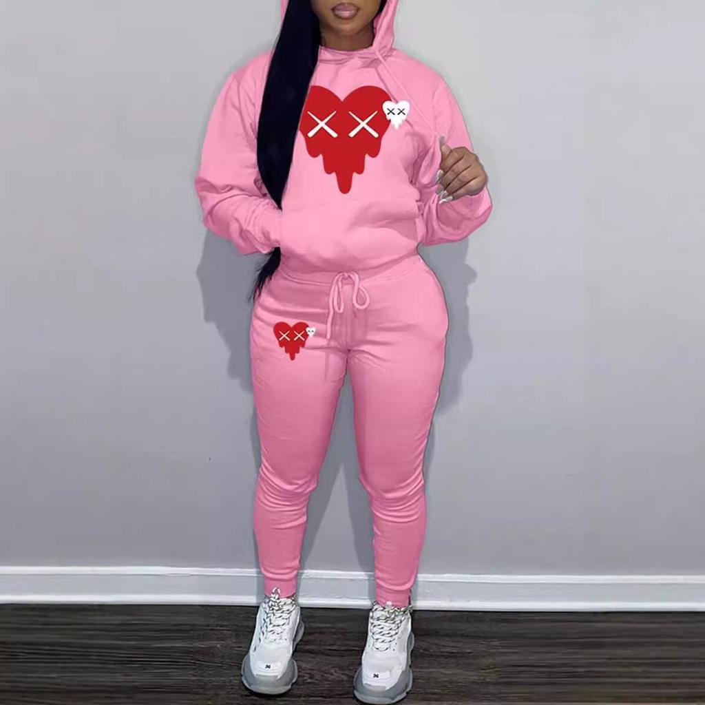 Autumn And Winter Fashion Sports Hooded Sweater Loose Casual Wear Set Smiley Face Pattern Print