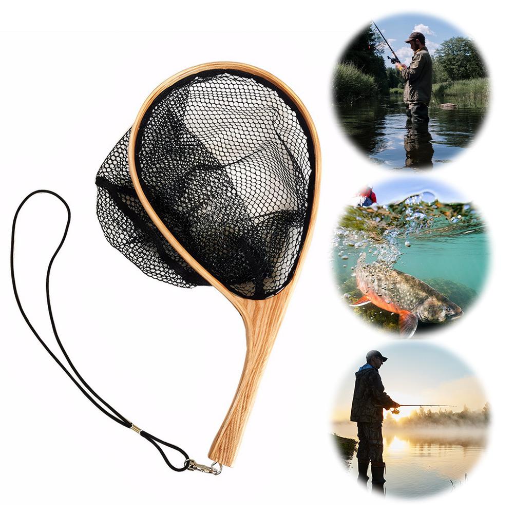 Wooden Handle Trout Net Soft Rubber Mesh Catch and Release Net Floating Fishing Net Outdoor Fishing Accessories