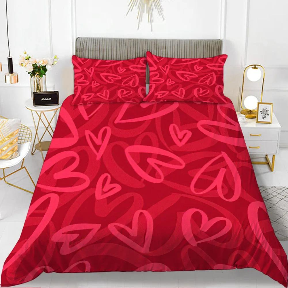 Red Love Romantic Valentine'S Day Theme Three-Piece Digital Printing Duvet Cover Bedding