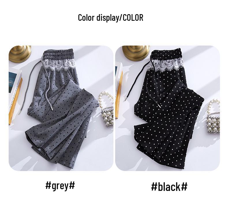 Women's High Waist Polka Dot Wide Leg Pants with Lace Trim - 2025 Spring Collection